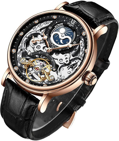 Multi-functionele twee plaatsen tijd mannen automatisch mechanisch horloge zakelijke waterdicht horloge