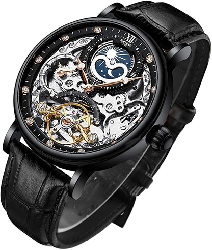 Multi-functionele twee plaatsen tijd mannen automatisch mechanisch horloge zakelijke waterdicht horloge