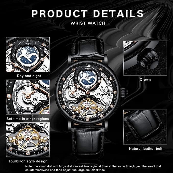 Multi-functionele twee plaatsen tijd mannen automatisch mechanisch horloge zakelijke waterdicht horloge