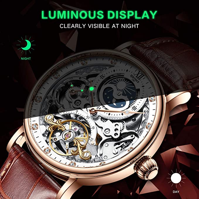 Multi-functionele twee plaatsen tijd mannen automatisch mechanisch horloge zakelijke waterdicht horloge