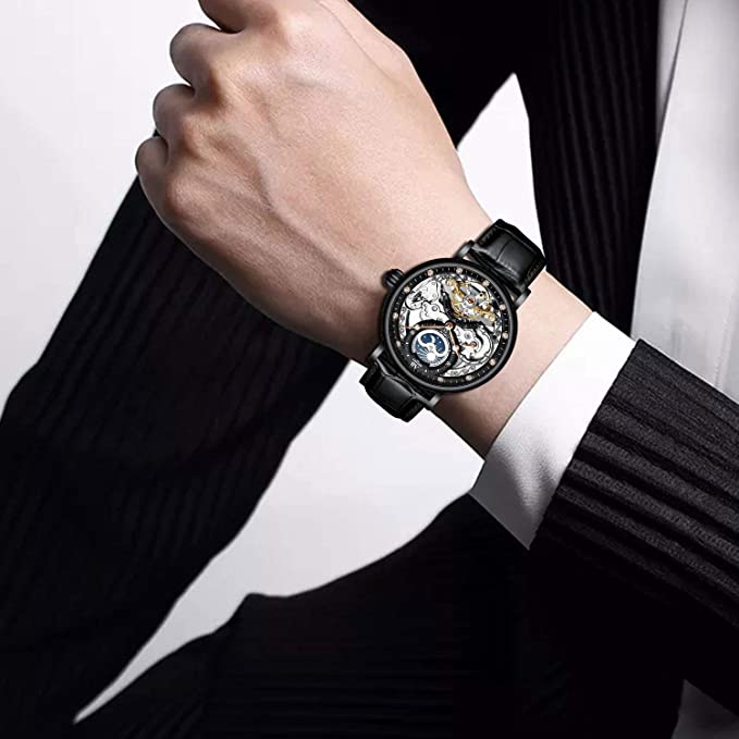 Multi-functionele twee plaatsen tijd mannen automatisch mechanisch horloge zakelijke waterdicht horloge